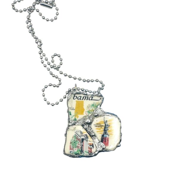 Broken China Pendant Alabama State Commemorative Plate Artisan Metalwork Bezel - Picture 3 of 12